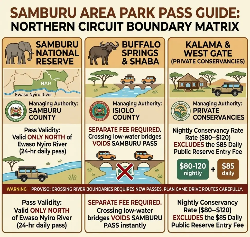 Infographic comparing park pass validity and managing authorities for Samburu National Reserve, Buffalo Springs, Shaba, and private conservancies.