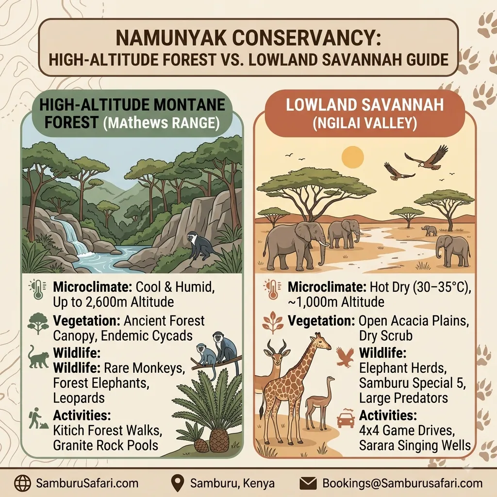 Infographic comparing high-altitude montane forest and lowland savannah ecosystems in Namunyak Conservancy, detailing flora and wildlife.