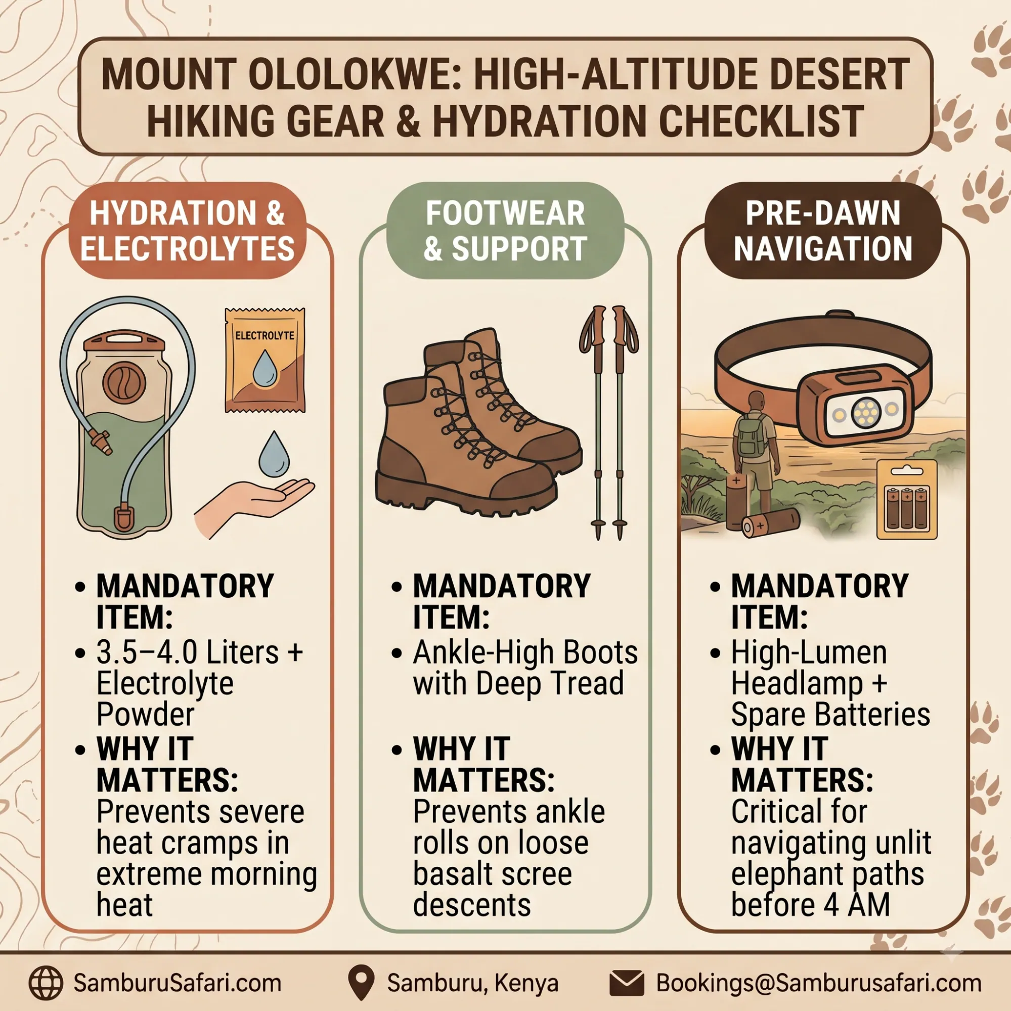 Infographic checklist of mandatory hydration, ankle-support boots, and pre-dawn headlamps for Mount Ololokwe hikers.