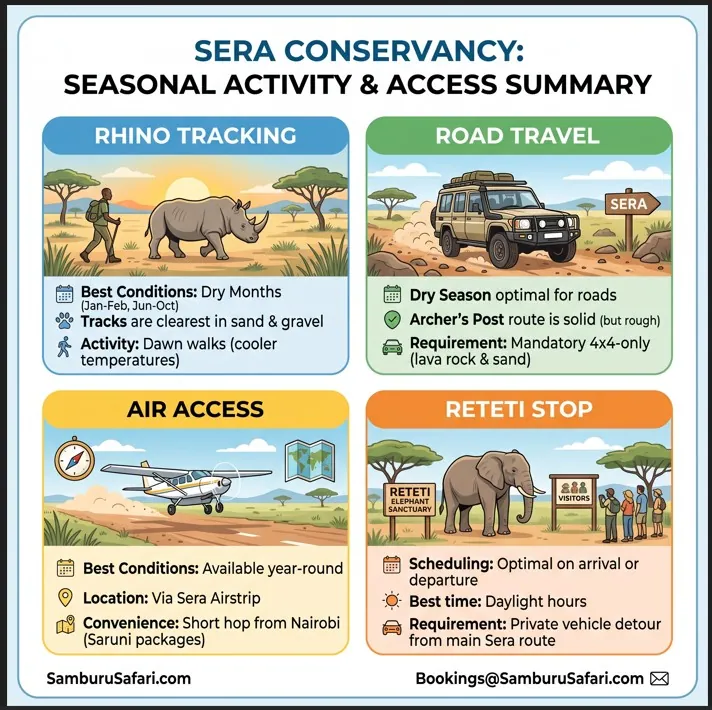 Infographic summary of best seasons for rhino tracking, road conditions, and air access to Sera Conservancy, Kenya.