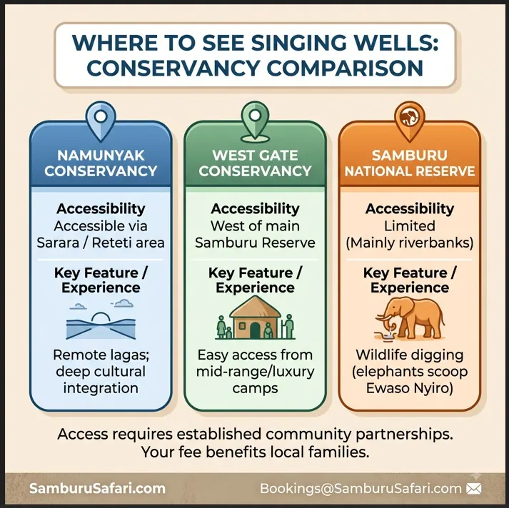 Infographic comparing Namunyak and West Gate conservancies for visiting Singing Wells, including accessibility and features.