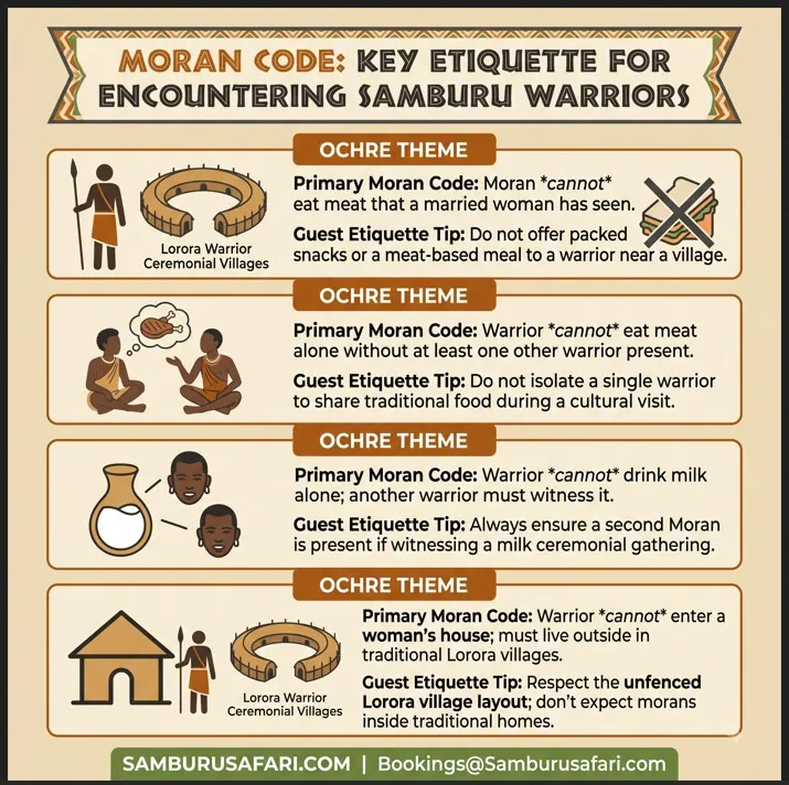A square infographic titled 'MORAN CODE' illustrating four key etiquette tips for encountering Samburu warriors.