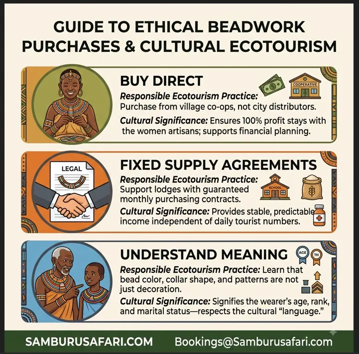 Infographic guiding ethical beadwork purchases, supporting women direct, supply agreements, and understanding cultural meaning.