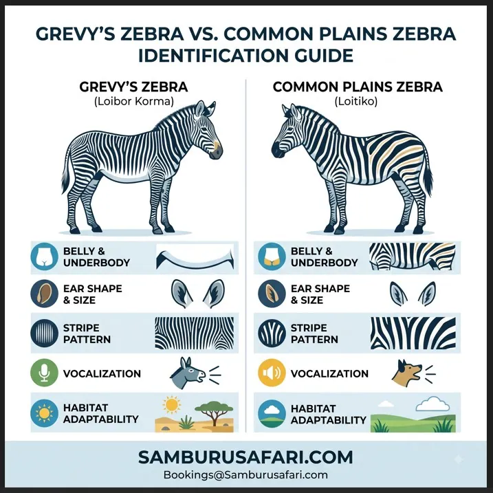 Comparison guide showing physical and behavioral differences between Grevy's zebra (Loibor Korma) and common plains zebra (Loitiko).
