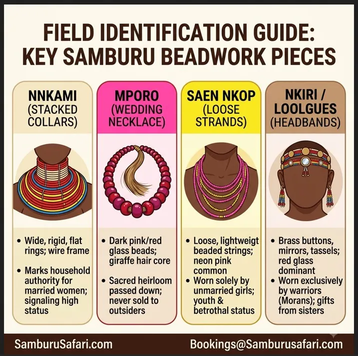 Infographic field guide identifying four key types of traditional Samburu beadwork and their cultural meanings.