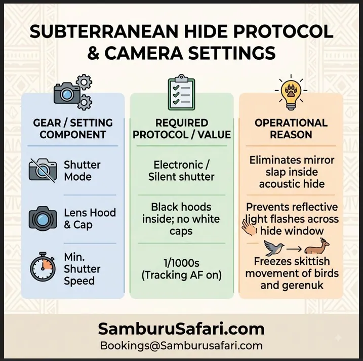 Infographic matrix detail of essential camera settings and protocols for subterranean wildlife photography hides.