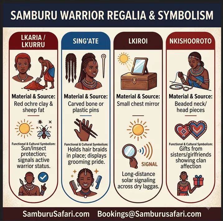 Infographic breakdown detailing traditional Samburu warrior regalia, body adornments, materials, and cultural symbolism.
