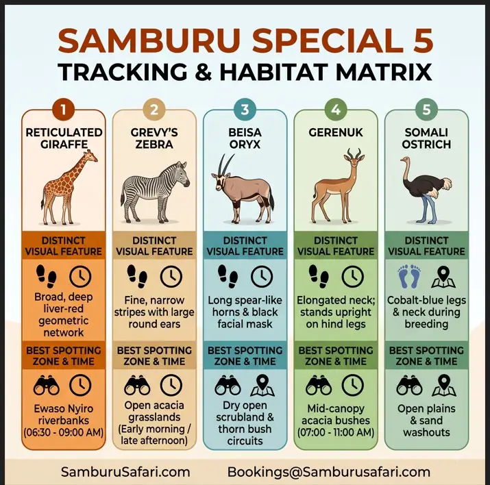 Infographic matrix detail for tracking the Samburu Special 5 wildlife species.