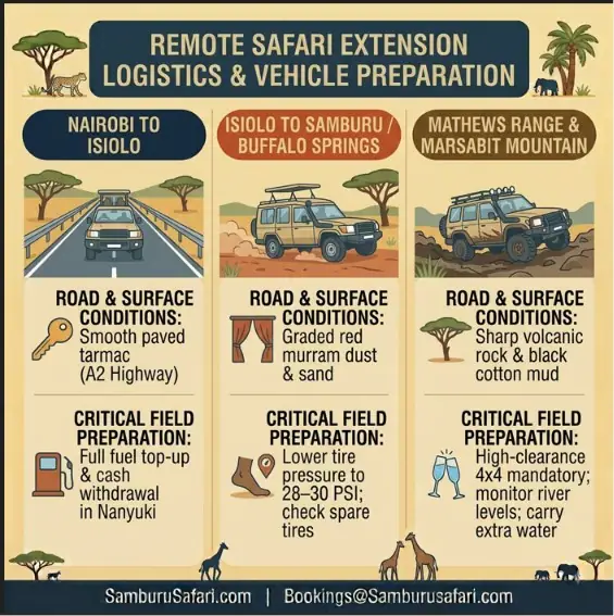 Infographic detailing road conditions and vehicle preparation steps for three remote Kenya safari routes.