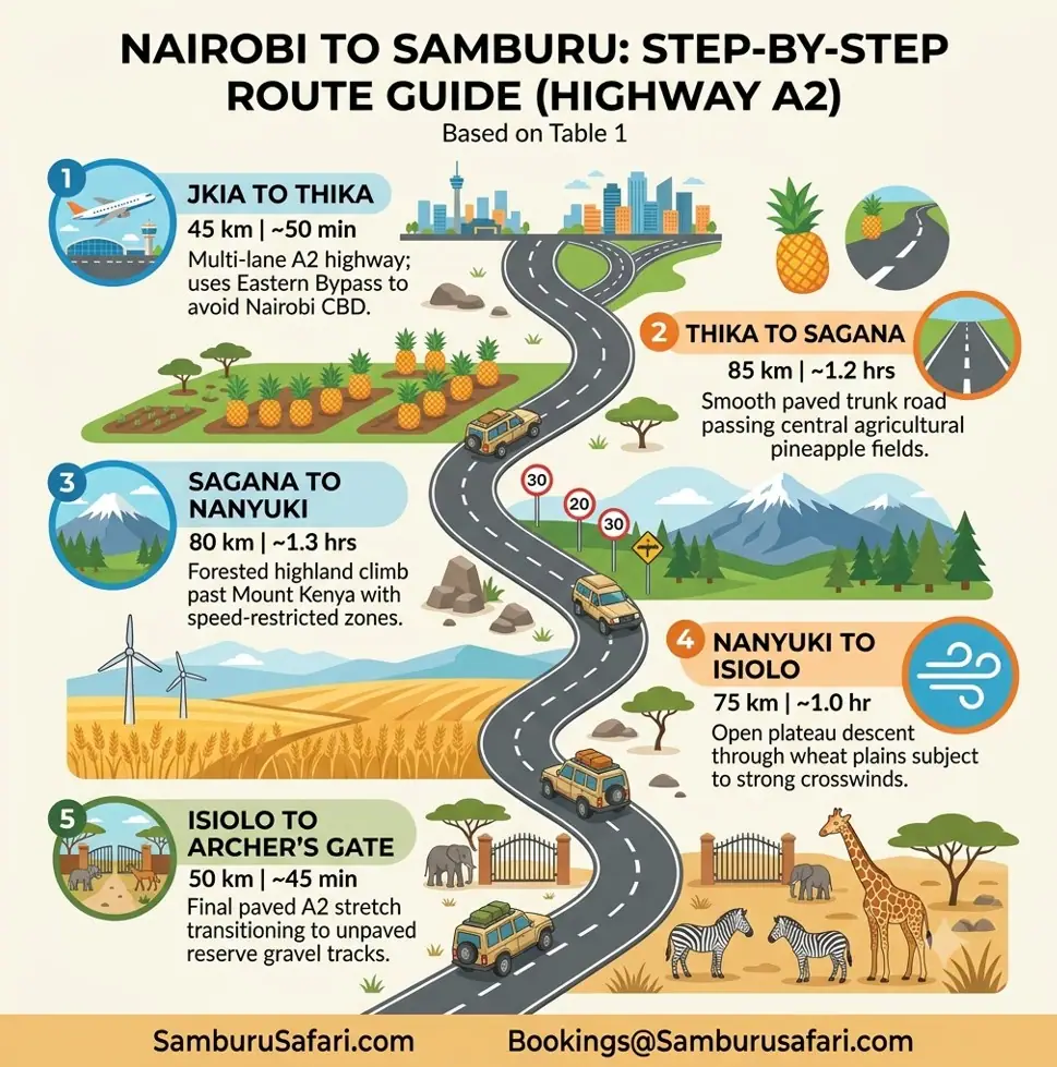 Infographic showing the step-by-step route, driving distances, and travel times from Nairobi to Samburu along Highway A2.