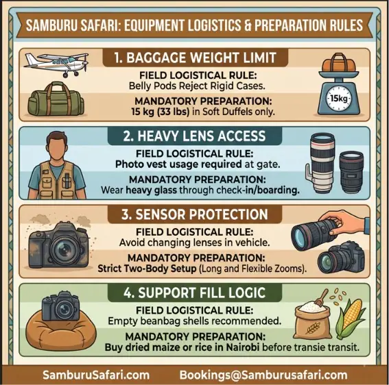 Infographic matrix detailing baggage limits, lens rules, and support gear preparation for a Samburu photographic safari.