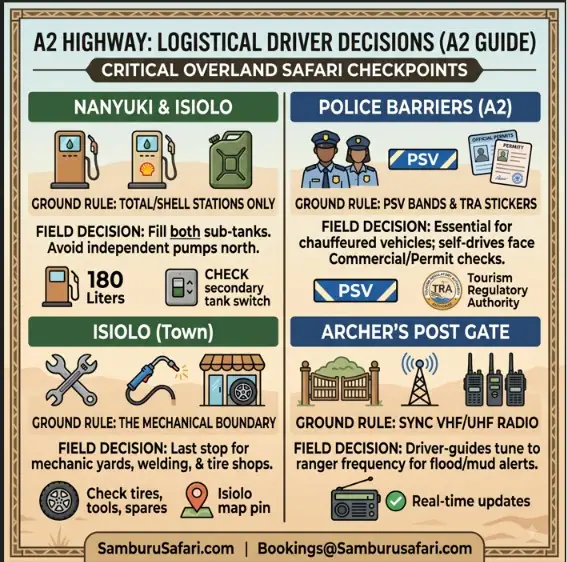 Infographic guide detailing driver decisions for A2 highway travel: fueling in Nanyuki, mechanics in Isiolo, police checks, and radios at the gate.