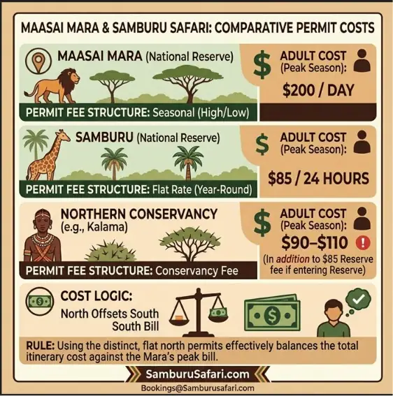 Infographic comparing safari permit costs: Maasai Mara seasonal fees vs. Samburu flat rates and conservancy fees.
