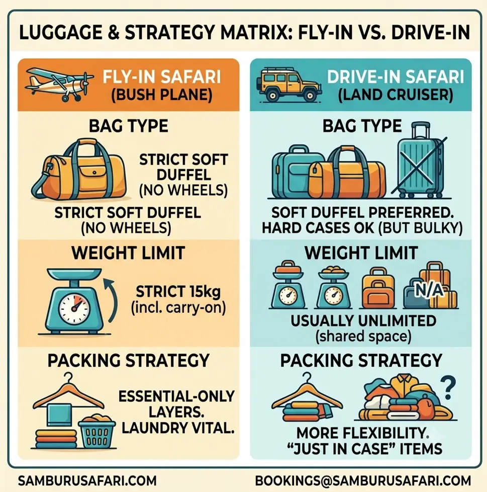 A luggage and packing strategy matrix infographic comparing rules for fly-in safaris by bush plane and drive-in safaris by Land Cruiser in Samburu. It details bag types (soft duffel required for fly-in), weight limits (strict 15kg for planes versus unlimited for vehicles), and packing approaches (essentials and laundry for planes, flexibility for vehicles).
