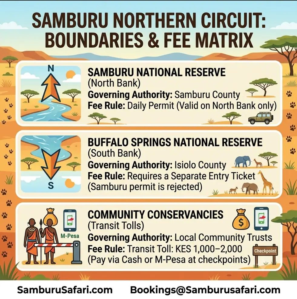 Infographic titled 'SAMBURU NORTHERN CIRCUIT: BOUNDARIES & FEE MATRIX' detailing authorities and payment rules for Samburu NR, Buffalo Springs NR, and Community Conservancies.
