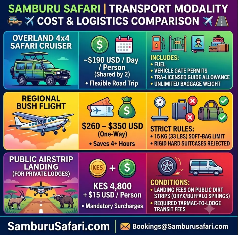 An infographic comparing Samburu safari transport options: Overland 4x4, Regional Bush Flight, and Public Airstrip Landing. Shows daily costs per person, strict flight bag restrictions (soft bags only), and mandatory county landing surcharges, branded by SamburuSafari.com.
