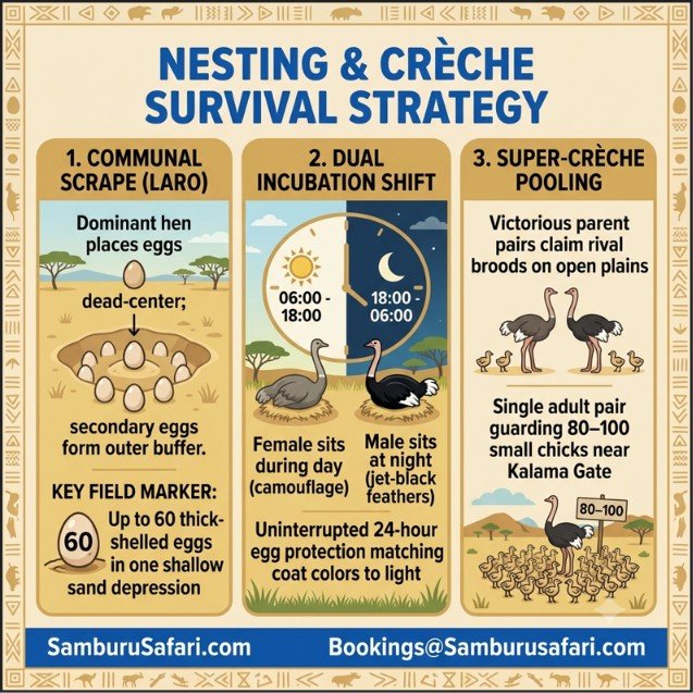 Infographic detailing Somali Ostrich survival strategy: communal nests, day/night incubation shifts, and super-crèches.