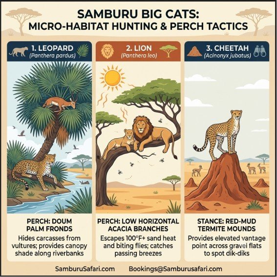 Infographic illustrating Samburu big cat perch tactics: leopards in palms, lions in acacias, cheetahs on termite mounds.