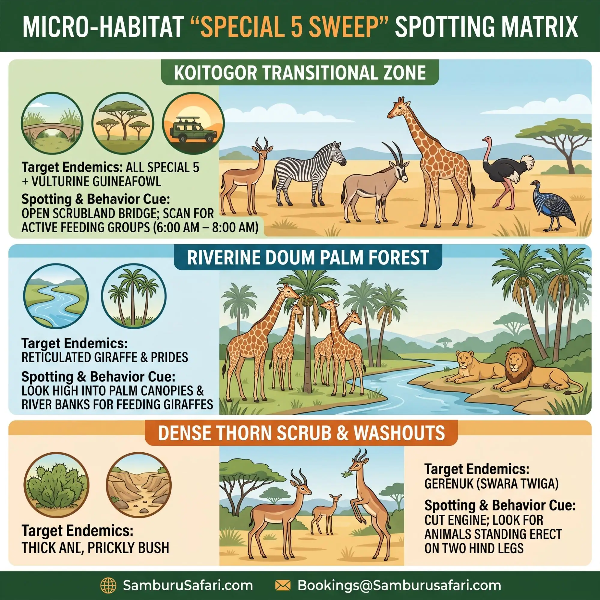 Infographic matrix mapping Samburu micro-habitat zones to target Special 5 species and behavioral spotting cues.