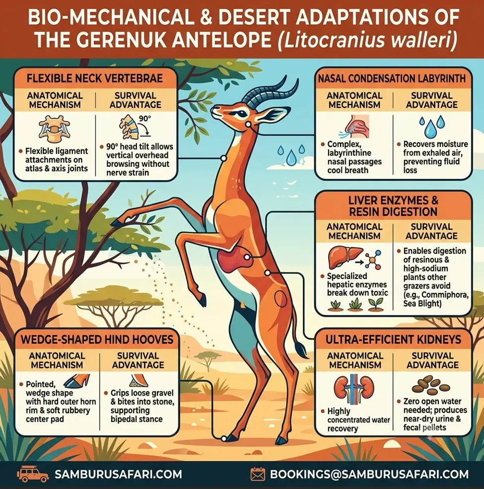 Infographic detailing the bio-mechanical and desert adaptations of the gerenuk antelope, including bipedal hooves, 90-degree neck tilt, nasal condensation, and water-conserving kidneys.