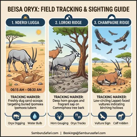 Infographic guiding trackers to Beisa oryx sightings using dug sand-scoops, tree bark horn gouges, and vulture circling.