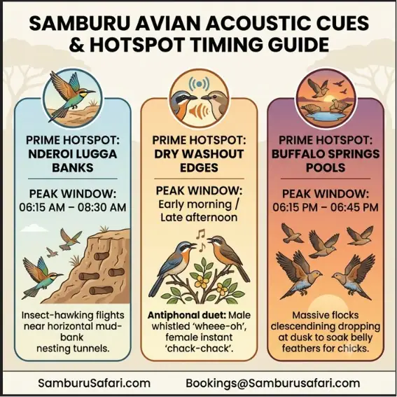 Infographic guiding birders on Samburu acoustic cues and hotspots, including timing and calls.