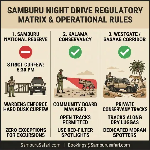 Infographic showing night game drive rules, legal conservancy boundaries, and curfews in Samburu.