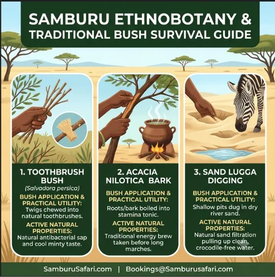 Infographic guide to Samburu ethnobotany, featuring toothbrush bush, acacia nilotica bark, and sand lugga digging for clean water.