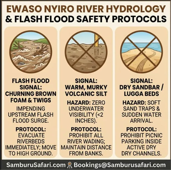 Infographic outlining Ewaso Nyiro River flash flood signals, zero-visibility hazards, and riverbed safety protocols for Samburu safaris.