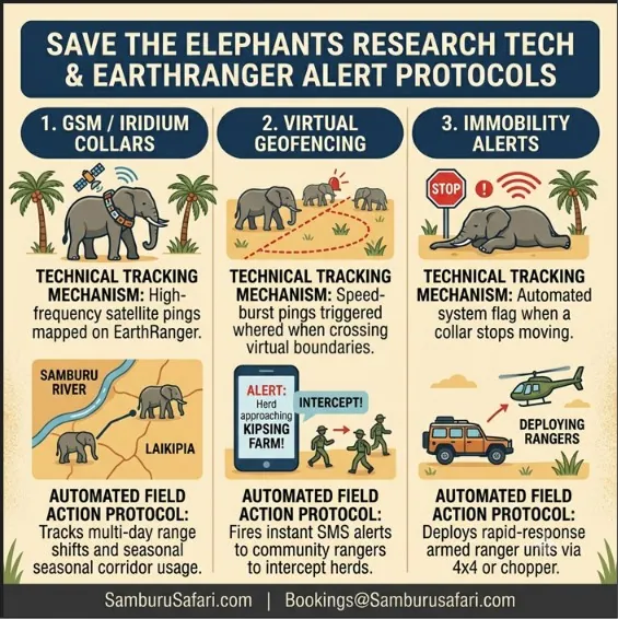 Infographic illustrating GSM collars, virtual geofencing, and immobility alerts used by Save the Elephants for tracking in Samburu.