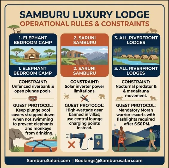 Infographic detailing plunge pool rules, solar power limits, and night warrior escorts at Samburu luxury safari lodges.