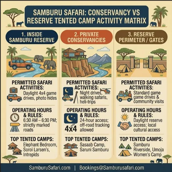 Infographic comparing permitted activities, hours, and rules for camps inside Samburu Reserve, private conservancies, and perimeter gates.
