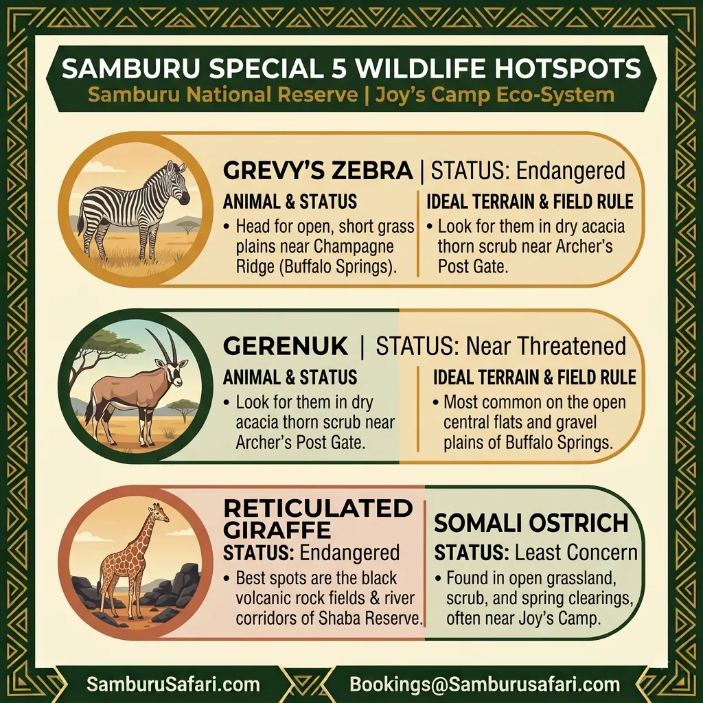 Square infographic mapping reserve hotspots and preferred habitats for the Samburu Special 5 species across northern Kenya.