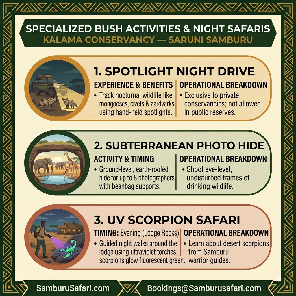 Square infographic breaking down spotlight night drives, subterranean photo hide sessions, and UV scorpion walks in Kalama Conservancy.