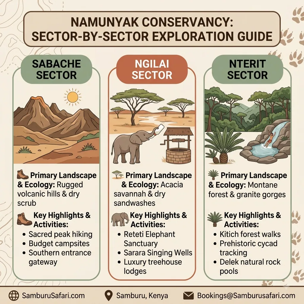 Infographic guide breaking down Sabache, Ngilai, and Nterit sectors in Namunyak Conservancy with landscapes and attractions.