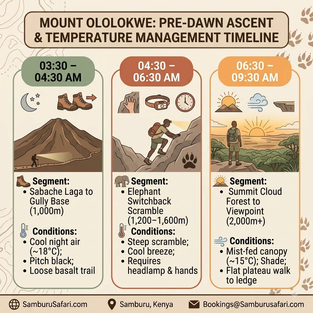 Timeline infographic showing pre-dawn climb hours, elevation segments, and temperature changes for Mount Ololokwe hike.