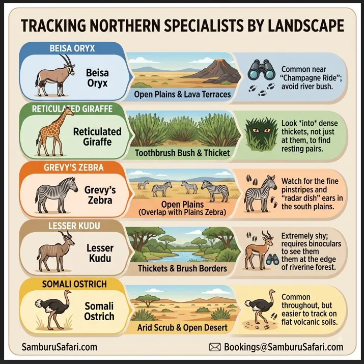 Infographic guide for tracking the Samburu Special Five species based on preferred landscapes in Buffalo Springs.