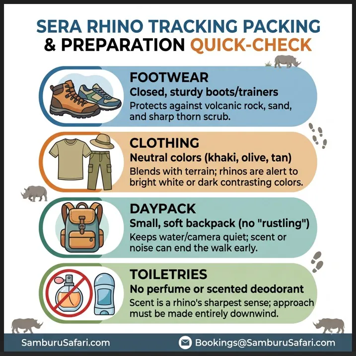 Infographic checklist for Sera rhino tracking gear, including footwear, neutral colors, and scent-free items.