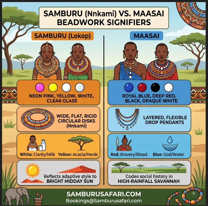 A visual guide comparing Samburu and Maasai beadwork colors, structures, meanings, and artistic styles.