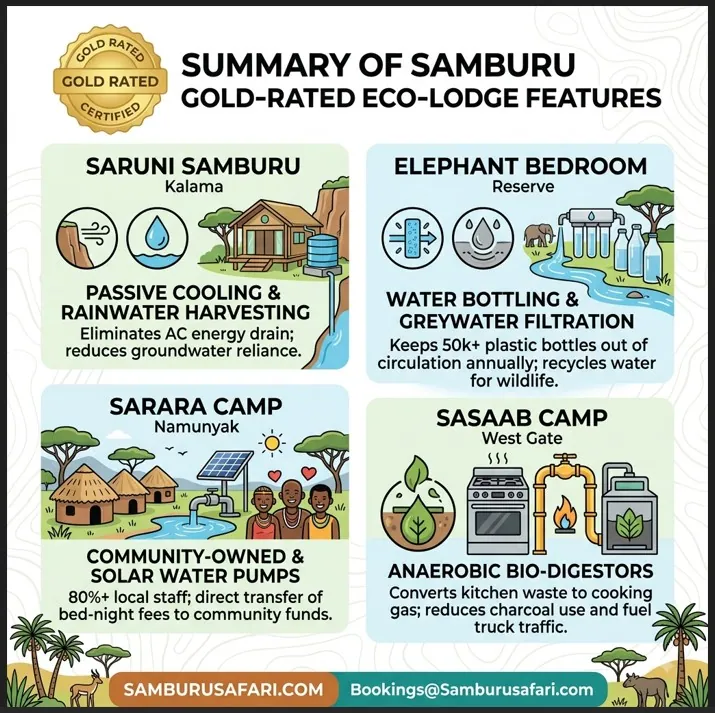 Infographic summarizing the key eco-features and conservation impacts of four Gold-rated eco-lodges in Samburu.