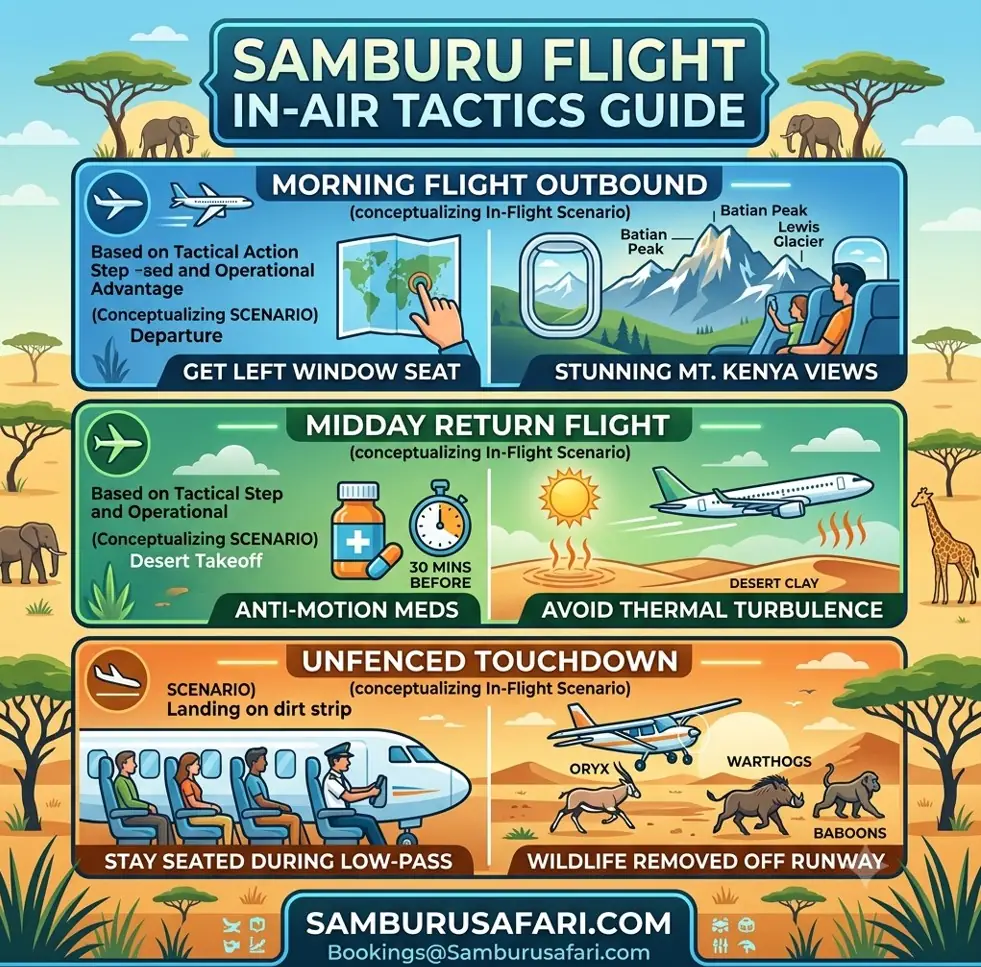 A square infographic titled 'SAMBURU FLIGHT IN-AIR TACTICS GUIDE' illustrating left window seat selection for Mount Kenya views, motion sickness prep for midday turbulence, and low-pass runway wildlife clearings, branded by SamburuSafari.com.