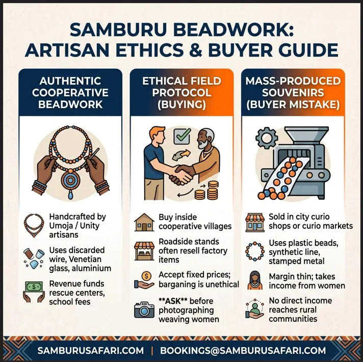 Infographic comparing authentic Samburu cooperative beadwork vs. mass-produced items, with ethical buying protocols.