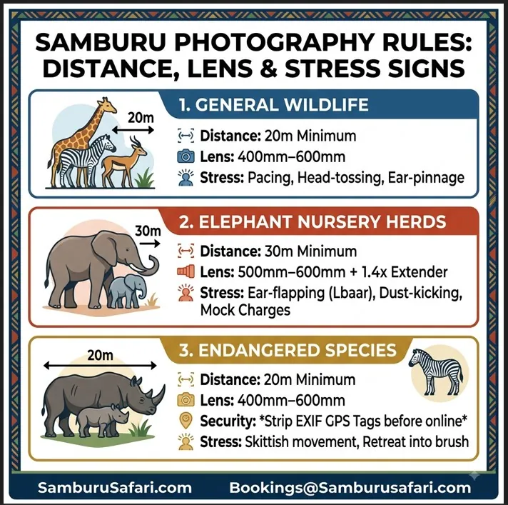 Infographic breakdown detailing safe distances, lens choices, and stress signals for ethical Samburu wildlife photography.