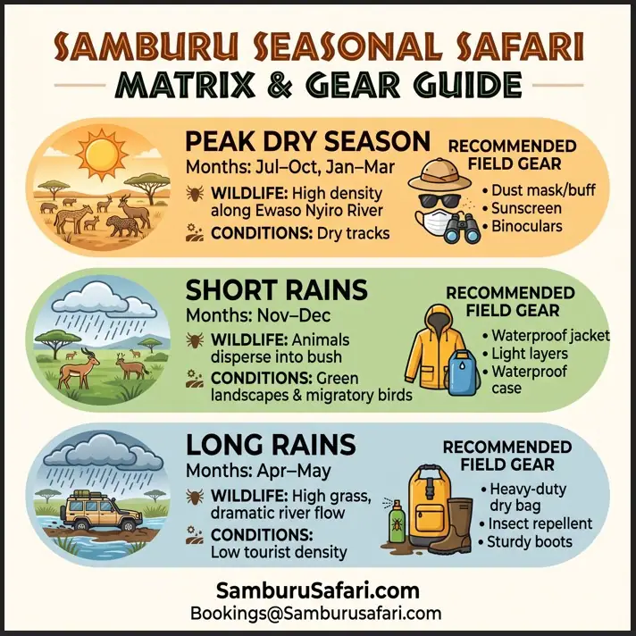 Infographic matrix detail for Samburu's seasonal safari conditions, wildlife patterns, and recommended field gear.