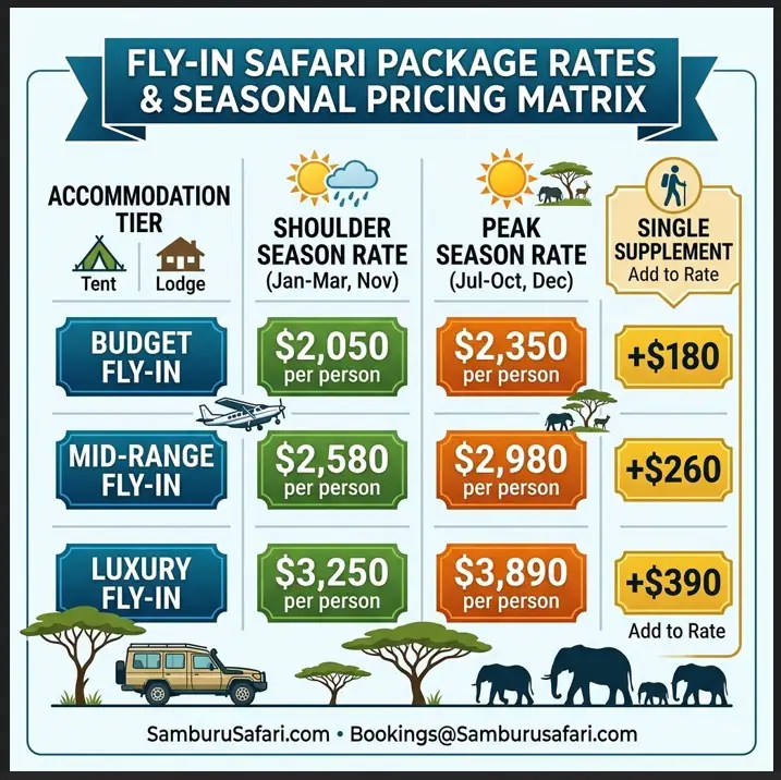 Infographic matrix showing shoulder, peak, and single supplement rates for fly-in Samburu safari packages.