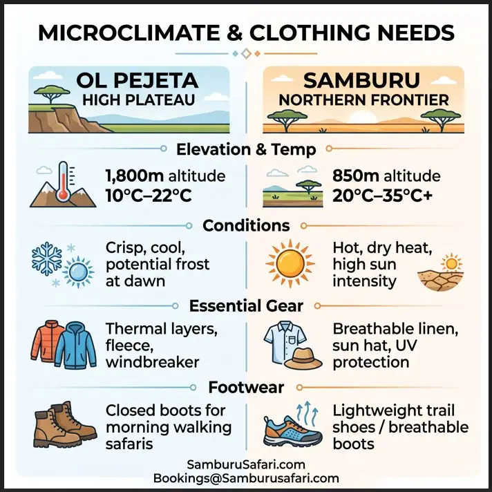 Infographic comparing elevation, weather, essential gear, and footwear for Ol Pejeta and Samburu safaris.