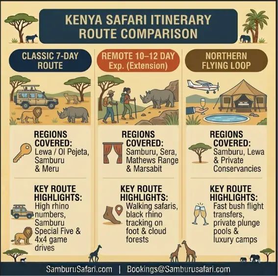 Infographic comparing three Kenya safari routes: Classic 7-Day, Remote 10-12 Day, and Northern Flying Loop, with key regions and highlights.