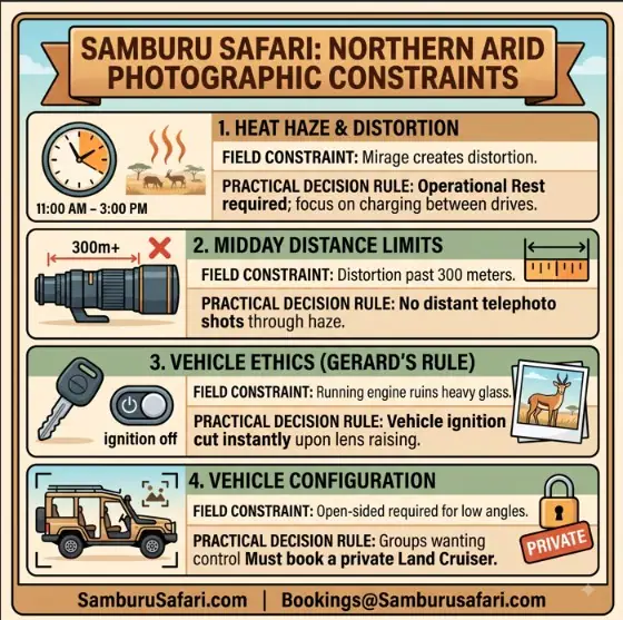 Infographic matrix detailng four critical field constraints: heat haze, midday distance limits, engine ethics, and vehicle choice.