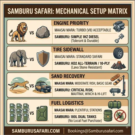 Infographic matrix comparing engine, tire, sand recovery, and fuel requirements for Mara vs. Samburu safari vehicle hires.