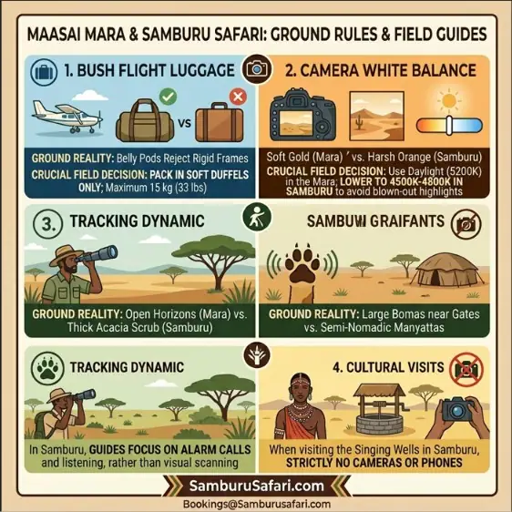 Infographic guiding safari field decisions: luggage rules, camera settings, tracking methods, and cultural etiquette.